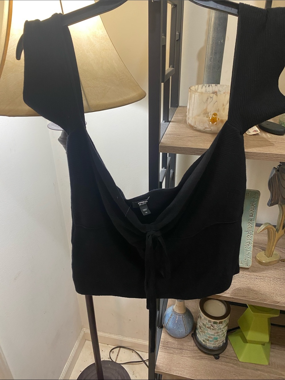 Express Black Ribbed Tie-Front Tank